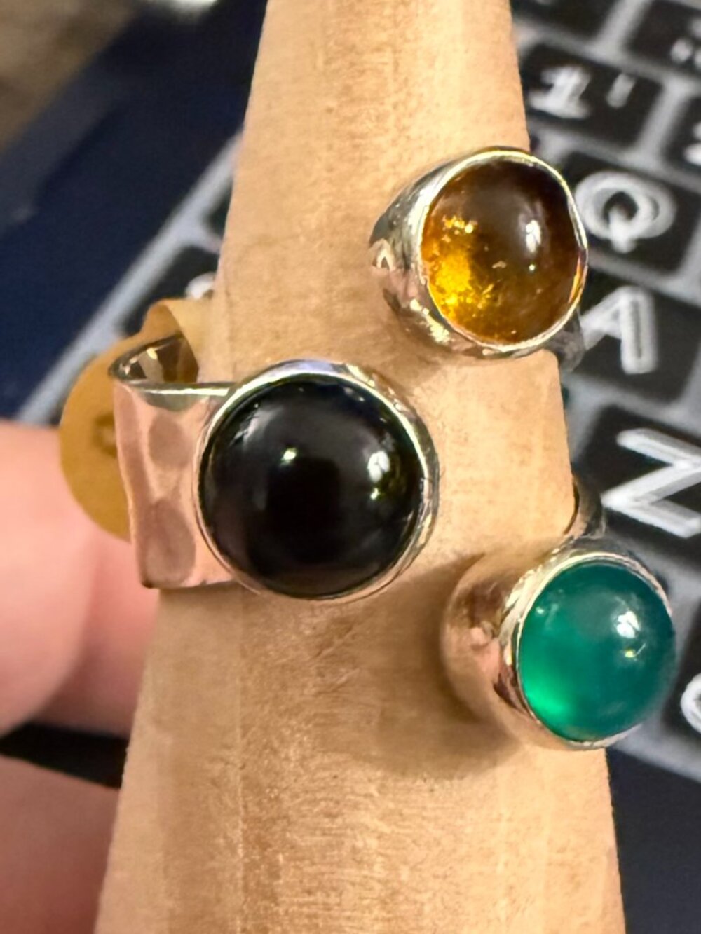 925 hammered sterling silver band features three cabochon stones